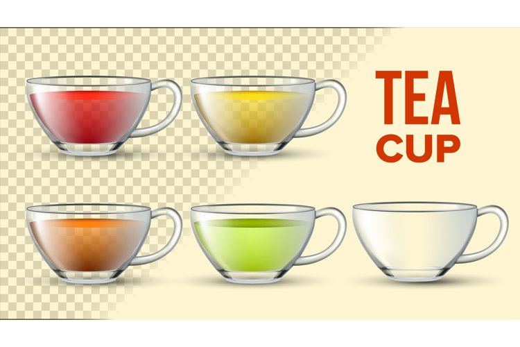 Tea Cups With Color Liquid Vector 3D Set