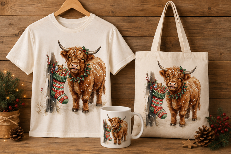 Highland Cow with Christmas Stocking Winter Holiday Art