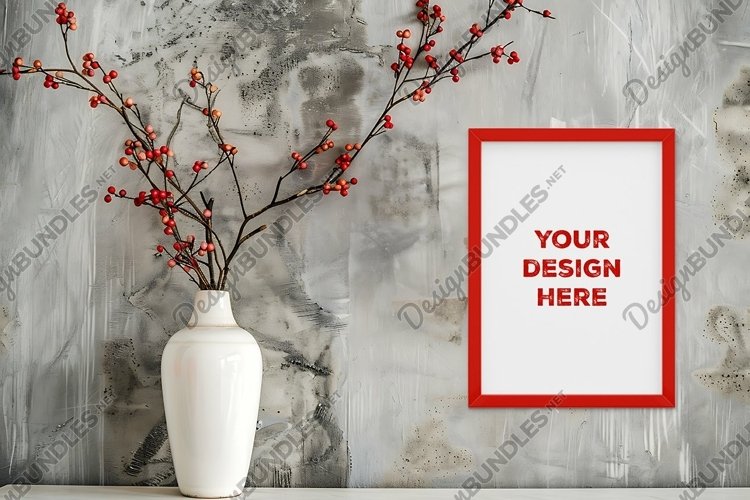 Frame mockup on grunge industrial wall with vase and flowers example image 1