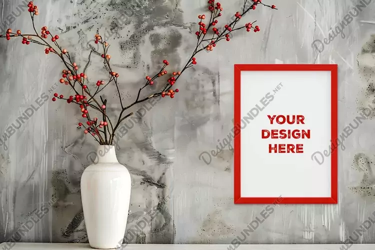 Frame mockup on grunge industrial wall with vase and flowers