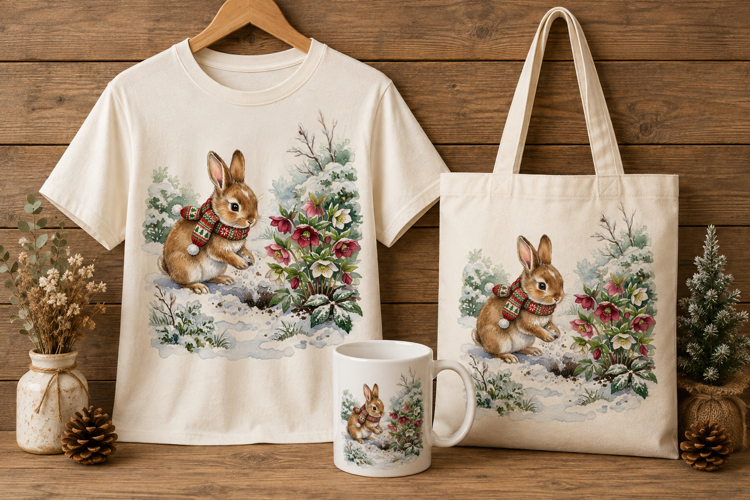 Cute Bunny in Snow with Christmas Roses Winter Art Print