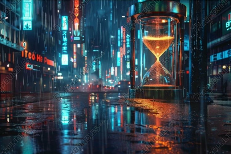 Futuristic cityscape with hourglass in rain example image 1
