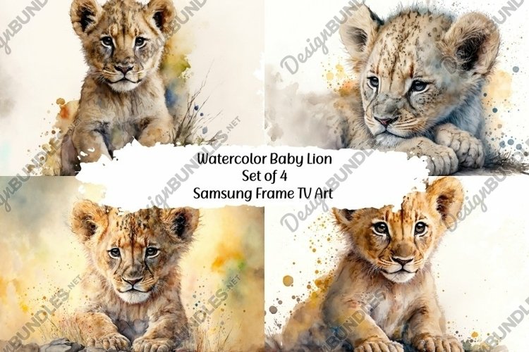 Samsung Frame Tv Art, Watercolor Baby Lion Set of 4 example image 1