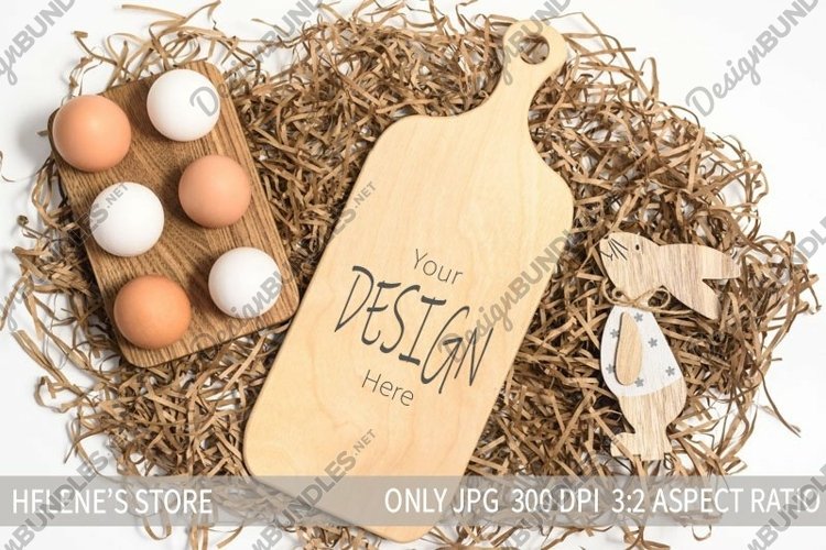 Wood cutting board Easter mockup, boho style