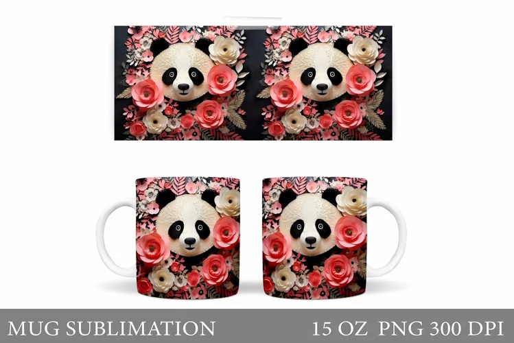 Panda Mug Wrap Design. Paper Panda Flowers Mug Sublimation