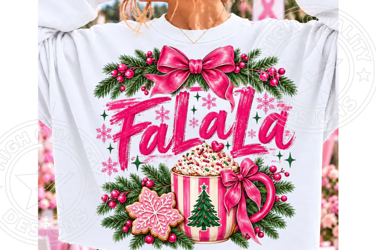 Fa La La Pink Christmas PNG, Hot Cocoa Bow Cozy Sublimation