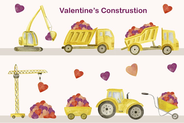 Watercolor Cute Construction Clipart, Valentines png example image 1