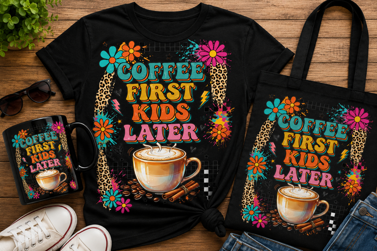Coffee First Kids Later PNG Sublimation Design for Moms