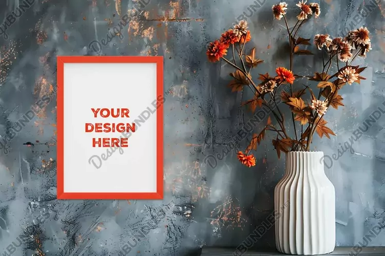 Frame mockup on grunge industrial wall with vase and flowers