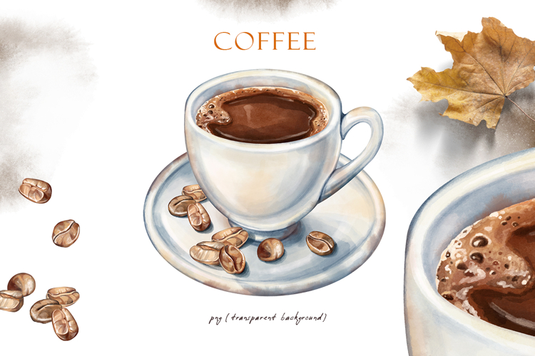 Watercolor roasted coffee beans, cup of americano, clipart