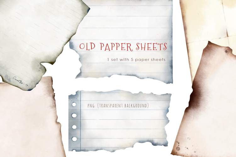 Watercolor hand drawn vintage old paper sheets set