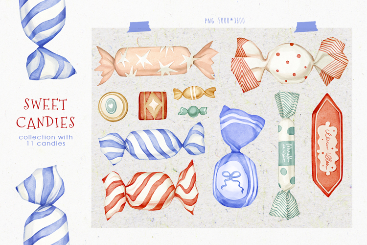 Watercolor hand drawn sweet candies in different wrappers