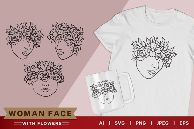 Woman Face with Flowers on Her Head SVG Set example image 1