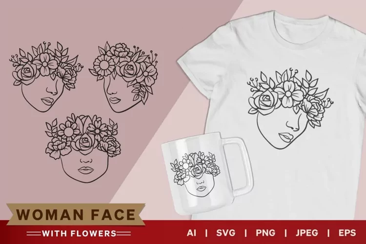 Woman Face with Flowers on Her Head SVG Set
