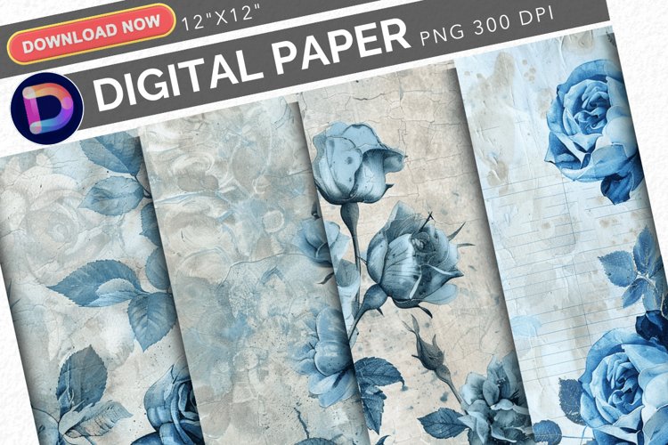 Faded Blue Roses Junk Journal Digital Paper