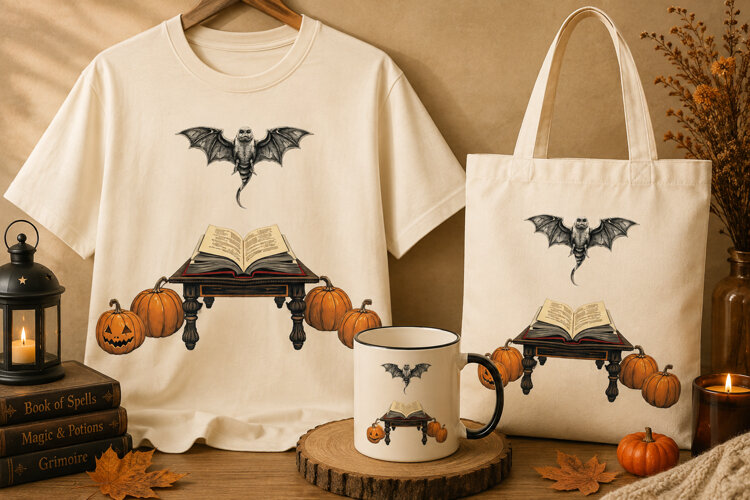 Halloween Bat PNG | Spooky Open Book & Pumpkin Clipart example image 1