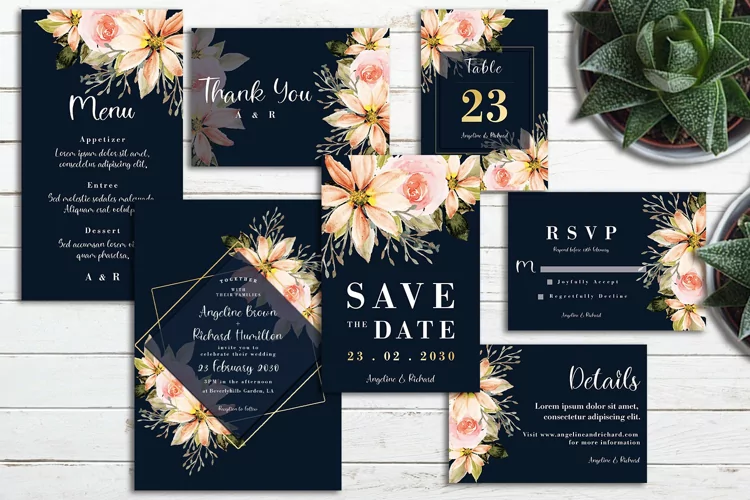 Elegant Vintage Floral Watercolor Wedding Invitation Set