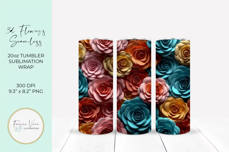 3D Flowers Seamless Tumbler Wrap Sublimation Design