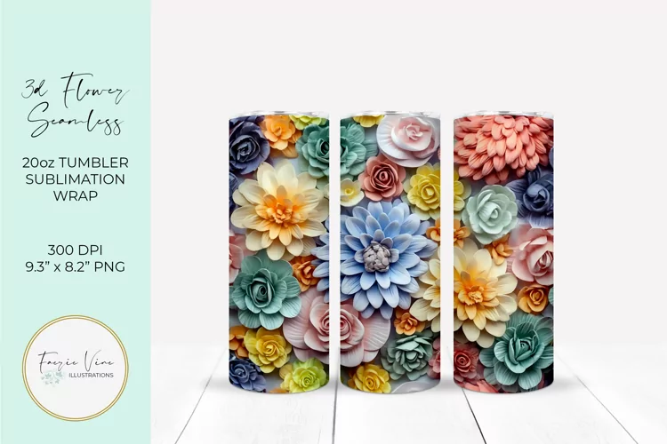 3D Flowers Seamless Tumbler Wrap Sublimation Design