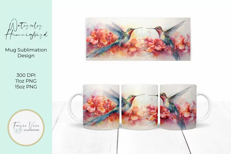 Watercolor Hummingbirds Mug Sublimation Design