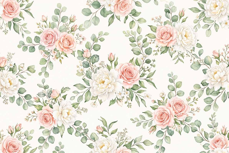 Watercolor seamless pattern with blush pink roses white peon