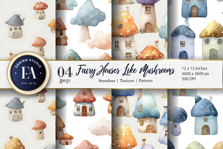 Mushroom Fairy Homes Hand-Painted Design Digital Paper