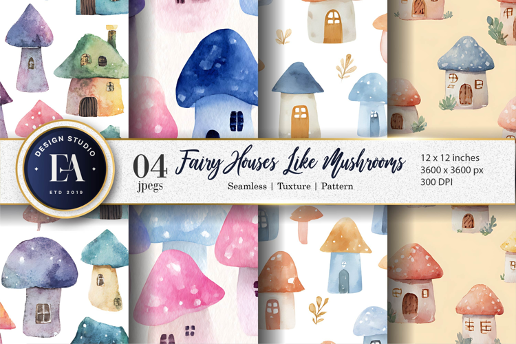 Mushroom Fairy Houses Seamless Pattern Digital Paper
