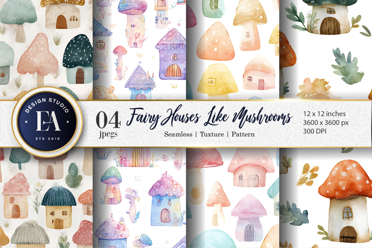 Mushroom Fairy Homes Hand-Painted Design Digital Paper