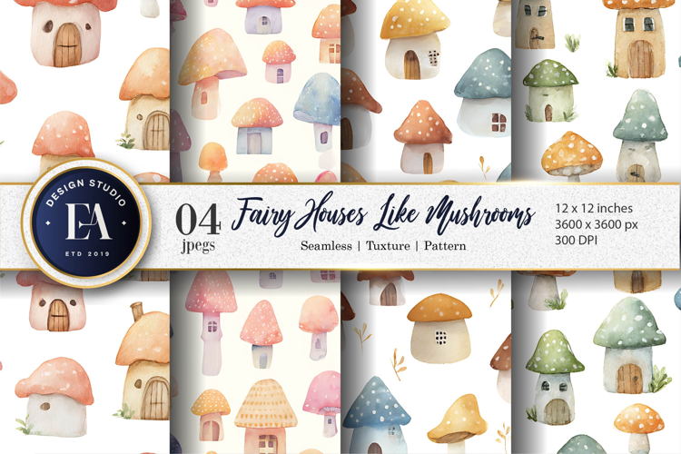 Fairy Houses Shaped as Mushrooms Soft Art Digital Paper
