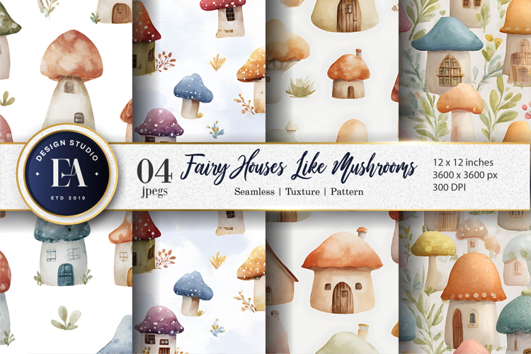 Mushroom Fairy Houses Seamless Pattern Digital Paper