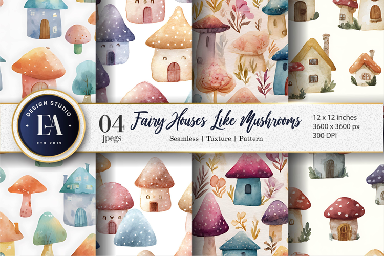 Fairy Houses Shaped as Mushrooms Soft Art Digital Paper