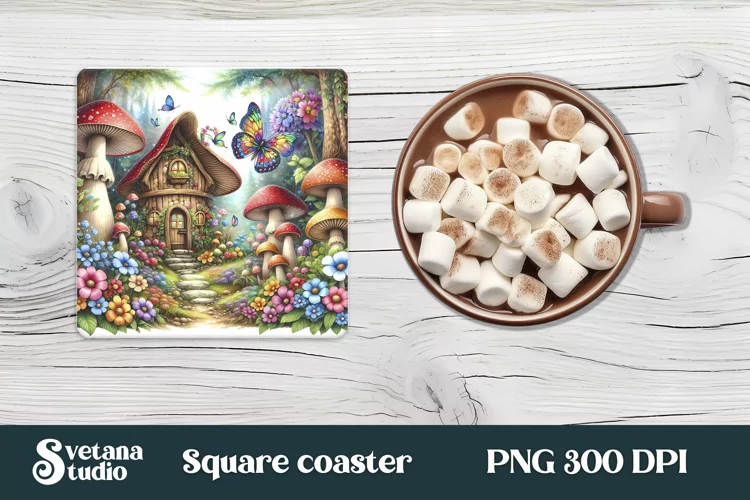 Fairy square coaster | Magic coaster | Fairy mushroom house