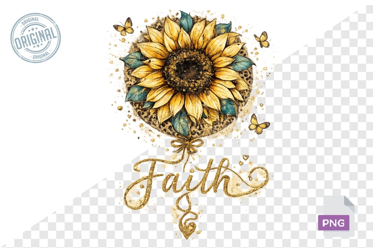 Faith Sunflower Floral Glitter PNG Sublimation Design
