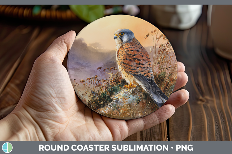 Eurasian Kestrel Falcon Sunset Round Coaster Sublimation Des