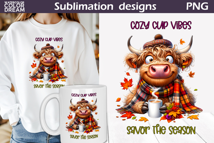 Cozy Cup Vibes Highland Cow PNG | Fall Sublimation
