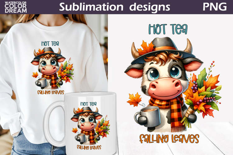 Hot Tea Cow PNG | Falling Leaves Fall Sublimation