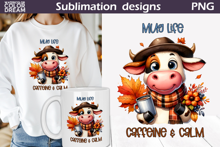 Mug Life Cow PNG | Caffeine & Calm Fall Sublimation