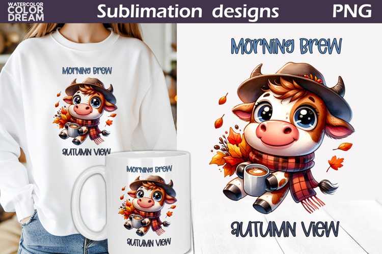 Cute Cow Coffee Clipart | Autumn Leaves Sublimation