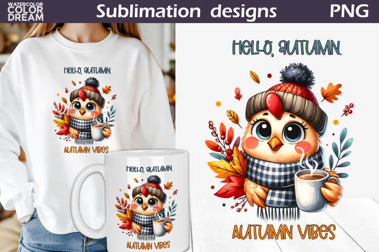 Hello Autumn Chicken PNG | Fall Coffee Sublimation