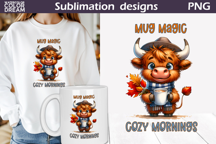 Highland Cow Fall T Shirt | Autumn Leaves Coffee Sublimation