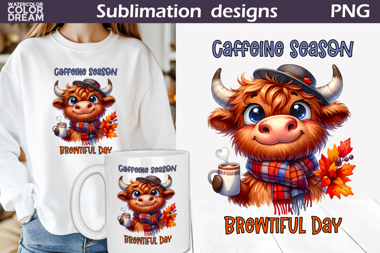 Highland Cow Fall Coffee Print | Autumn Leaves Coffee