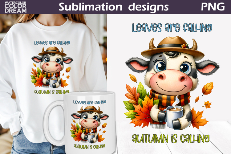 Fall Cow PNG | Leaves Are Falling Sublimation Design