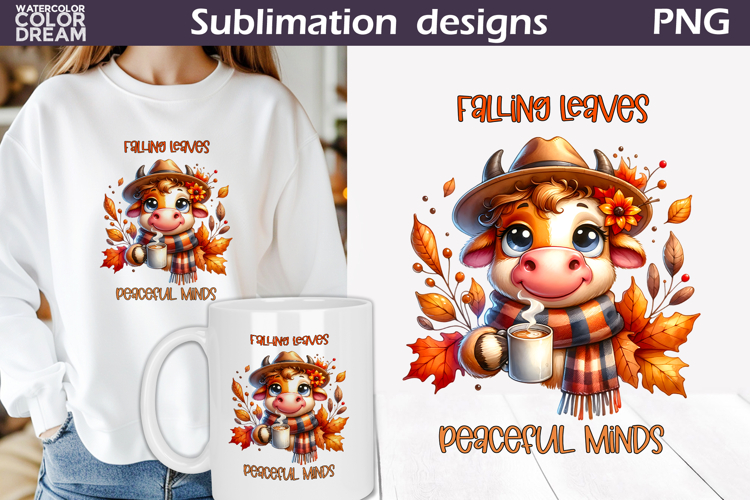 Fall Cow Coffee Clipart | Autumn Leaves Sublimation