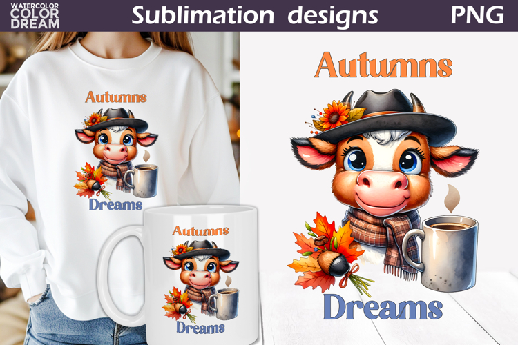 Autumns Dreams Cow PNG | Cozy Fall Sublimation Design