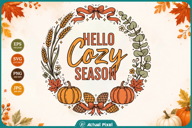 Hello Cozy Season Autumn Leaves Typography Design