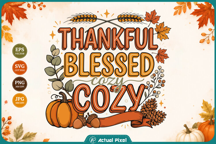 Thankful Blessed Cozy Fall Typography Shirt Design example image 1