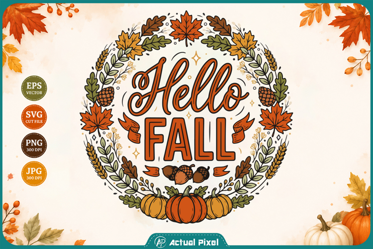 Hello Fall Autumn Floral Wreath Sublimation Design PNG