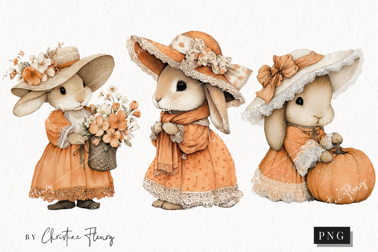 Whimsical Fall Bunny Clipart | Vintage Fall Png