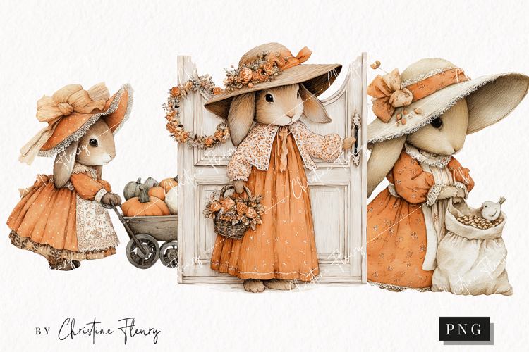 Whimsical Fall Bunny Clipart | Vintage Fall Png