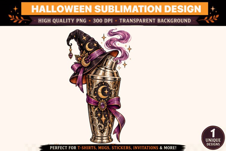 Witchy Cocktail Shaker Halloween PNG, Gothic Witch Hat Subli example image 1